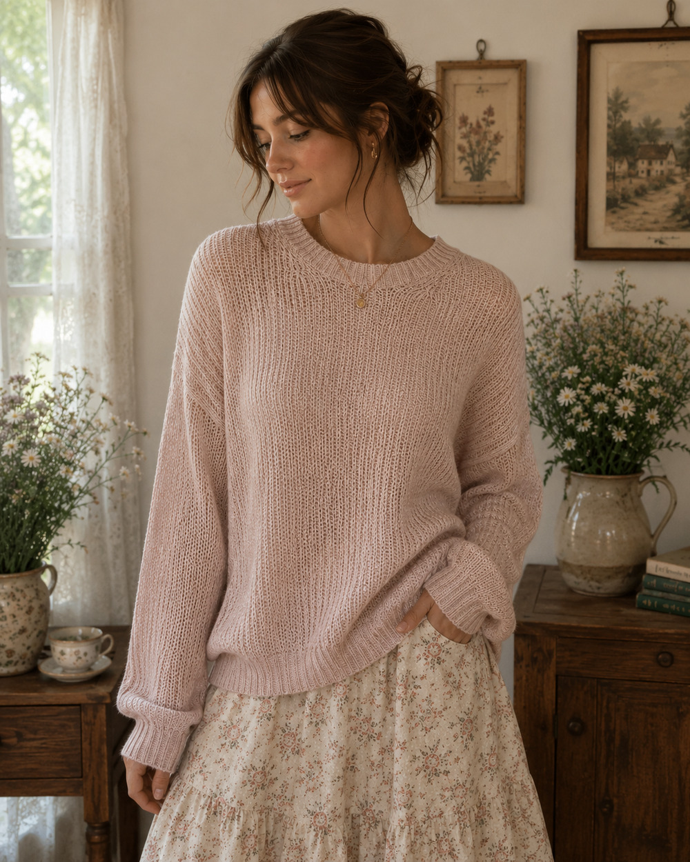 Pink Chunky Knit Sweater Size L Coquette Cottagecore Fairycore Relaxed Fit Cozy